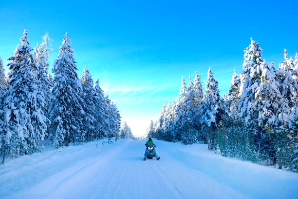istock Snowmobiling on snowy mountain road with snow covered pine trees wilderness 1327291841
