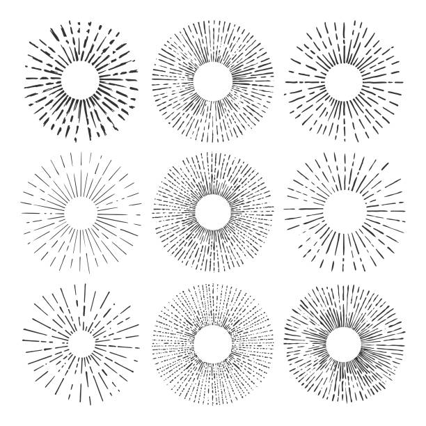 ilustrações de stock, clip art, desenhos animados e ícones de set and collection of trendy hand drawn retro sunburst/bursting rays design elements. - woodcut