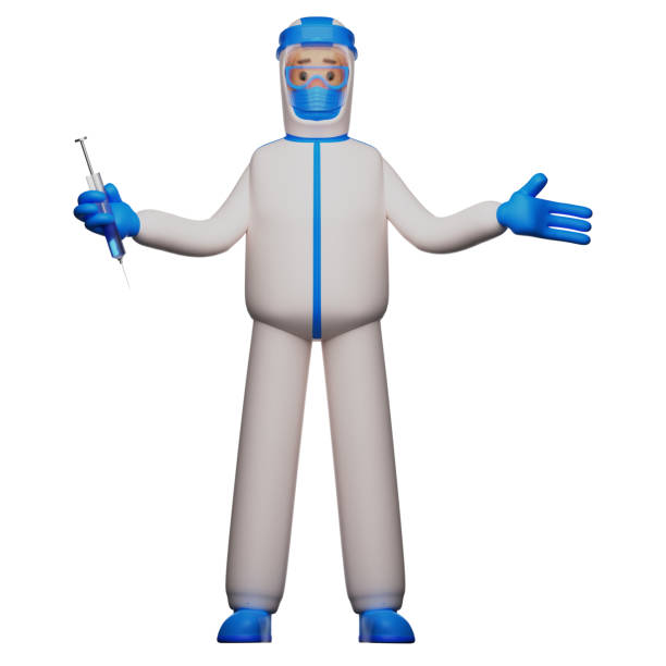 istock Paramedic with Hazmat 3D Cartoon Design holding a syringe 1327293342