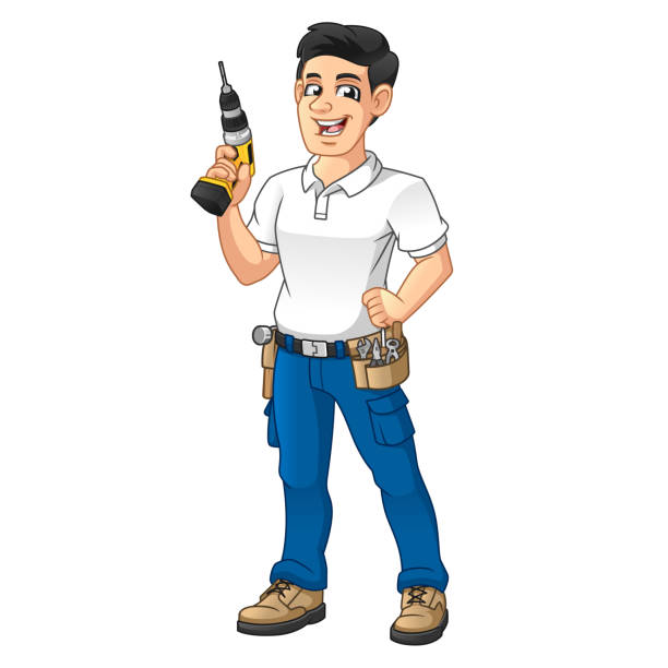 ilustrações, clipart, desenhos animados e ícones de faz-tudo com um cinto de equipamento de ferramenta segurando broca sem fio - hand drill work tool white white background