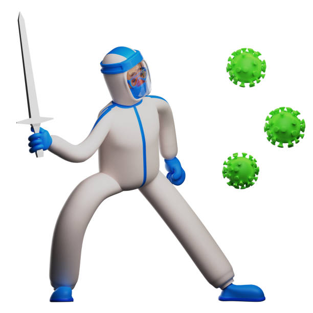 istock 3D Paramedic with Hazmat Picture attacking the virus 1327294839