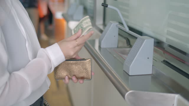 Businesswoman searching money in wallet to pay for ticket at cash desk,Train station