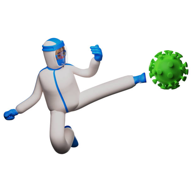 istock 3D Paramedic with Hazmat Cartoon Design kicking the virus 1327297708