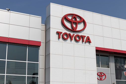 Cincinnati - Circa July 2021: Toyota Car and SUV Logo and Signage. Toyota is a popular brand because of its reliability, fuel mileage and commitment to reducing emissions.