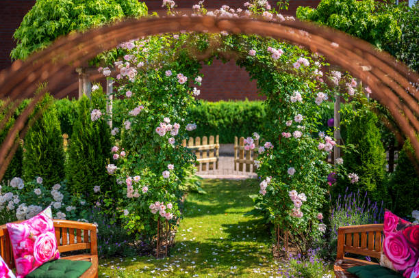 居心地の良いベンチとバラのアーチと愛情を込めて設計された庭園 - formal garden garden path bench flower ストックフォトと画像