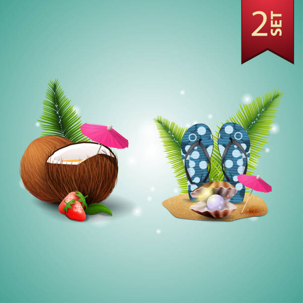 набор 3d объемных летних иконок для вашего искусства, клубничный коктейль в кокосовом орехе, шлепанцы, жемчужные и пальмовые листья - drink umbrella illustrations stock illustrations