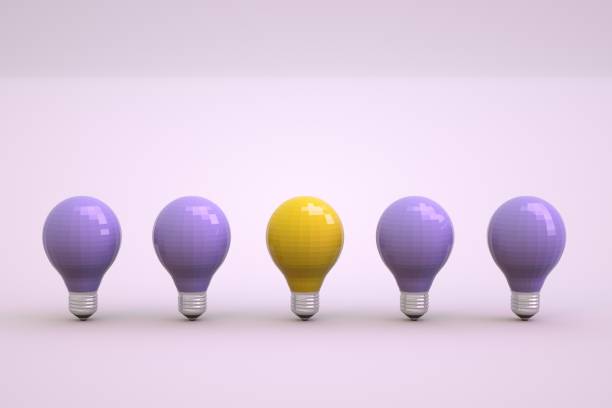 istock 3d light bulbs on a light white isolated background. One burning light bulb among the others. Set of light bulbs stand in a row. Close-up. 1327302675