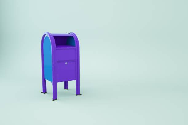 3d model of a blue mailbox on an isolated white background. 3d graphics, blue mailbox object. Isometric model of the mailbox. Close-up