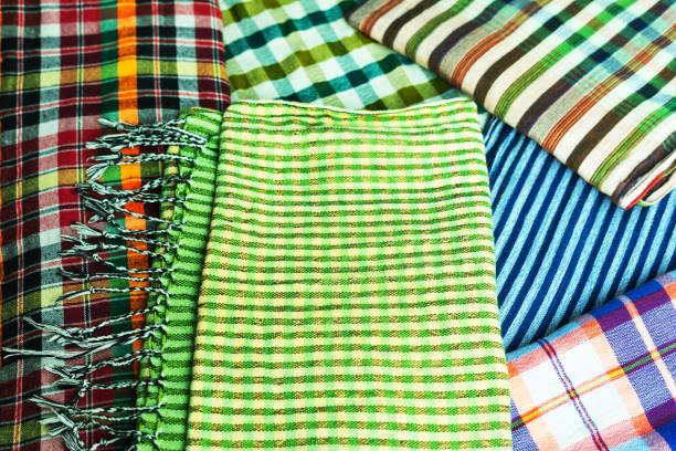 Selection and variety of multi colored thai scarfs called paccama, traditional northern and Isaan fashion
