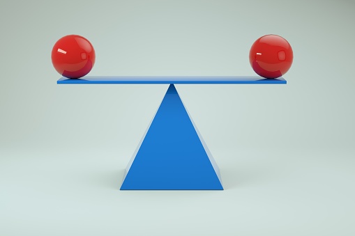 3d model of balancing red balls on a scale. Blue balancing scales with red balls on a white isolated background. Close-up