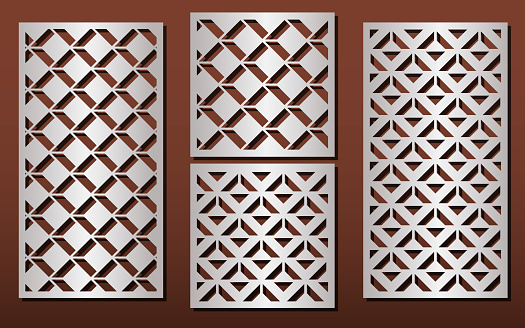 Laser cut panels with geometric pattern in arabic islamic design style, vector set. Template or stencil for metal cutting, wood carving, fretwork, paper art. Useful in interior design, card decoration.