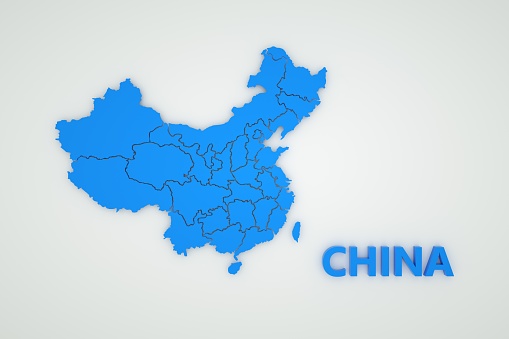 Illustration of a map of China on a white isolated background. Cartography of China. Country, continent. 3D graphics. Blue map on white background