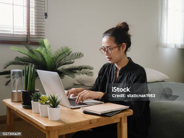 Woman Learning Online With Laptop Stock Photo - Download Image Now - Job Search, Working At Home, Laptop