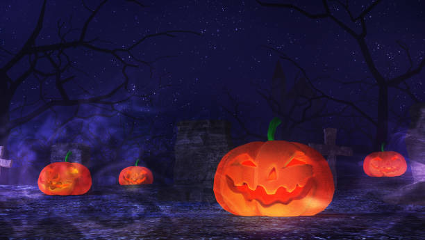 istock Pumpkins lantern on ground in graveyard,  halloween night traditional concept, 3d rendering picture. 1327306186