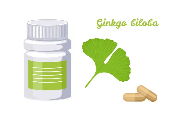 Vector illustration of Ginkgo biloba capsules isolated on white background. Vector bottle of pills and green leaf. Cartoon flat illustration of dietary supplements. Superfood.