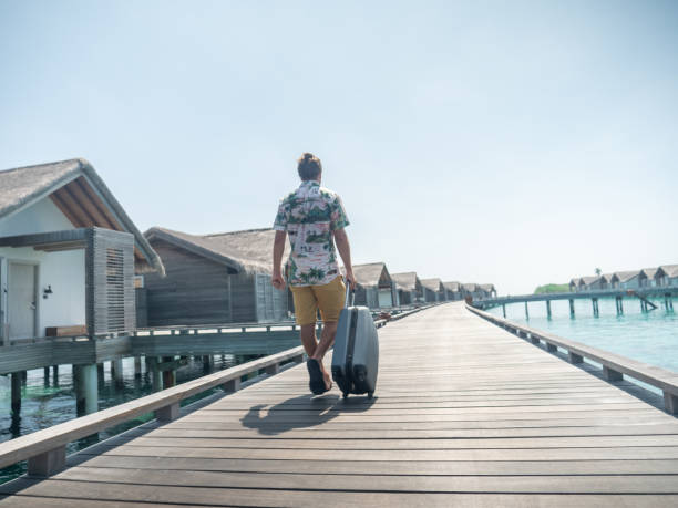 istock Man pulls trolley on wooden pier in tropical destination 1327308311