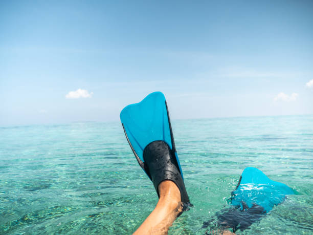 istock Woman's perspective, diving flipper over tropical lagoon 1327308877