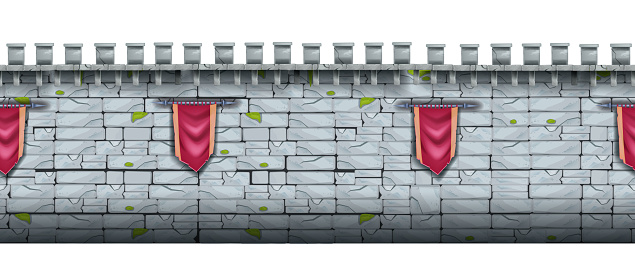 Game fortification illustration, red standard, old town border. Stone wall architecture front view