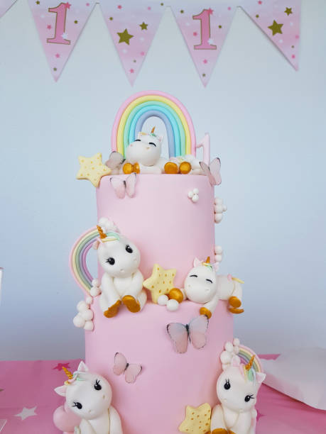 istock Birthday cake with unicorns and rainbow 1327315303