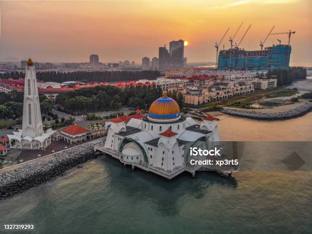 Aerial View Of Malacca Straits Mosque Or Masjid Selat Melaka Stock Photo - Download Image Now