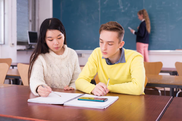 istock Asian teen girl explaining study material to classmate 1327319551