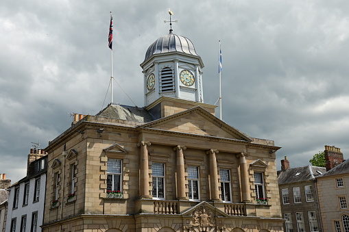 A view of the façade of the town hall in the Scottish Borders town of Kelso.
