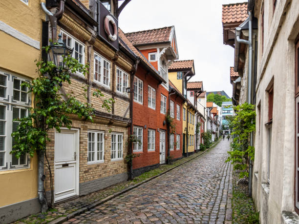 colorful half timbered living houses in a row along the oluf samson street in old town of flensburg, germany - schleswig imagens e fotografias de stock