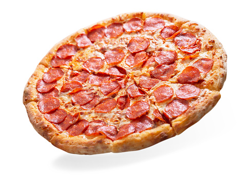 close up of pizza pepperoni isolated on white background