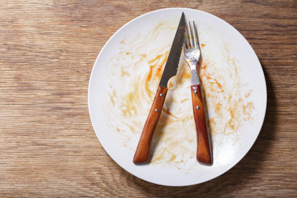 istock empty dirty plate on a wooden table 1327326218