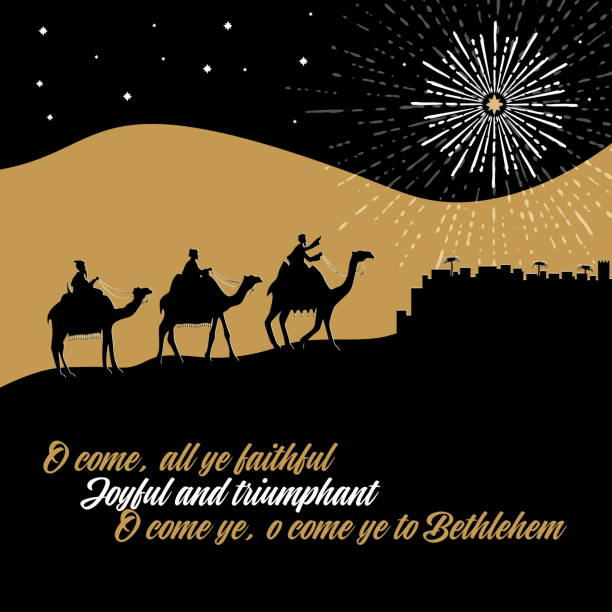 Biblical illustration. The wise men go to Bethlehem to worship the born baby Christ. Biblical illustration. The wise men go to Bethlehem to worship the born baby Christ. jesus christ birth stock illustrations