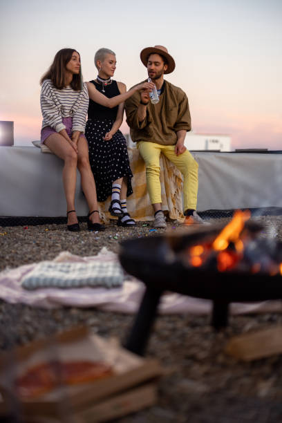 istock Friends by a fireplace on the rooftop at sunset 1327329611