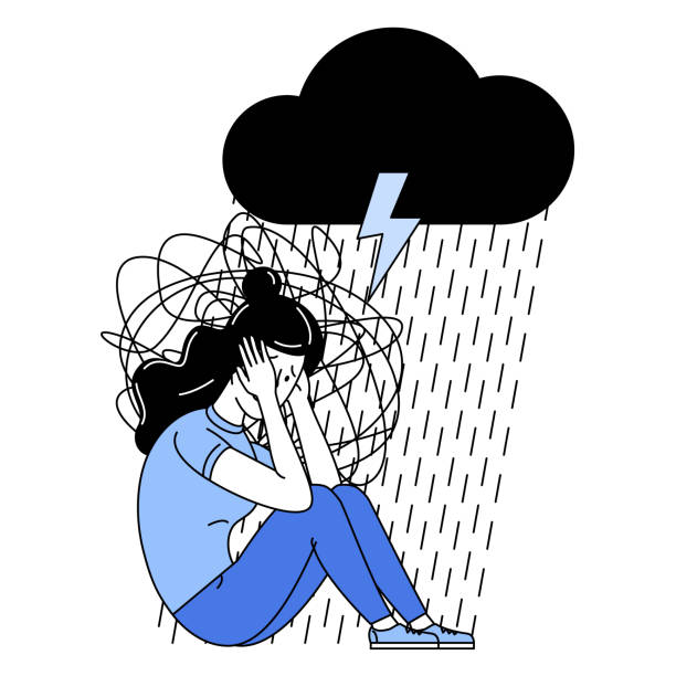 istock Woman with anxiety touch head surrounded by think. Mental disorder and chaos in consciousness. Frustrated girl with nervous problem feel anxiety and confusion of thoughts vector flat illustration. 1327331340