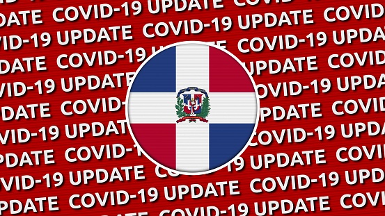 Dominician Republic Circle Flag and Covid-19 Update Titles - 3D Illustration fabric texture