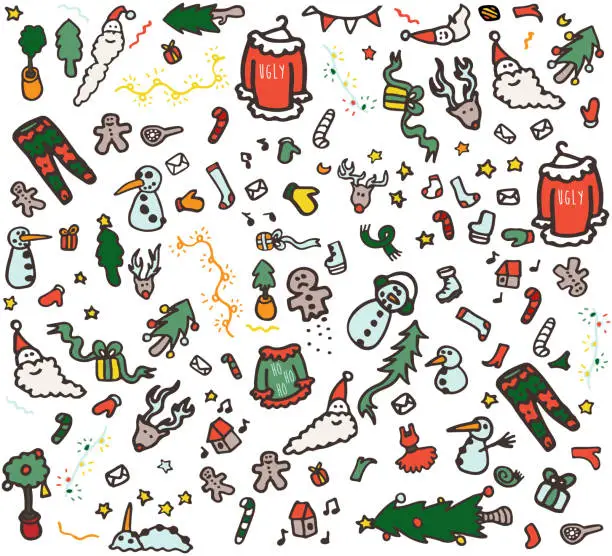 Vector illustration of Hand drawn Christmas Doodle Pattern - Cartoon Xmas Characters Icons Background