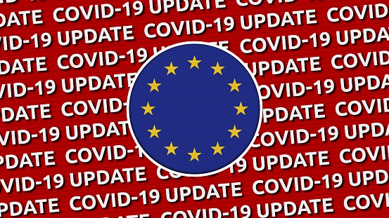 European UnionCircle Flag and Covid-19 Update Titles - 3D Illustration fabric texture