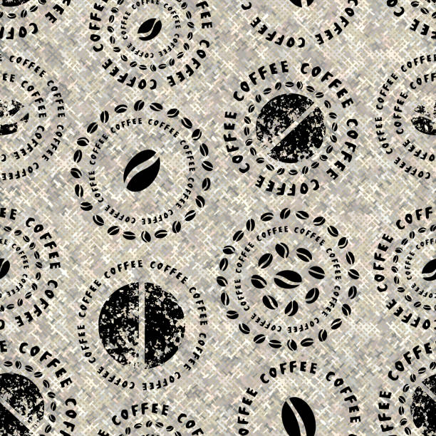 ilustraciones, imágenes clip art, dibujos animados e iconos de stock de patrón de café en una textura de lienzo áspero patrón sin costuras. - textile burlap sewing patch