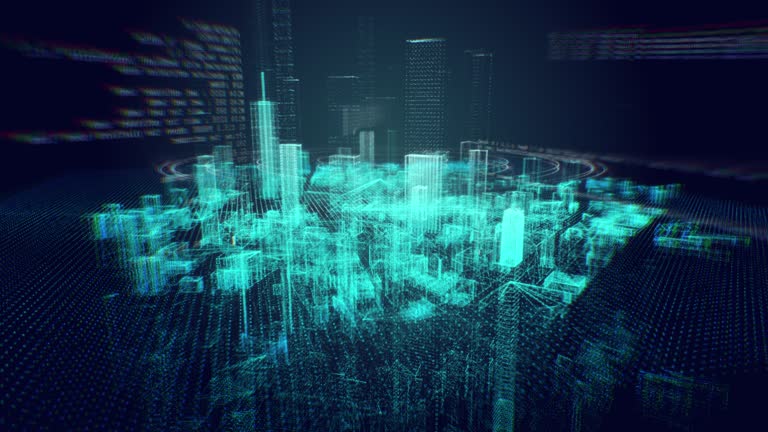 Grafis gerak resolusi 4k dari kota modern Hologram, desain Urban Digital Teknologi Futuristik, Cyberspace dan teknologi jaringan, konsep AI dan kota pintar,