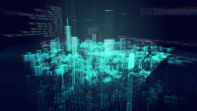 4k解像度ホログラム現代都市のモーショングラフィック、未来的な技術デジタルアーバンデザイン、サイバースペースとネットワーキング技術、AIとスマートシティコンセプト、