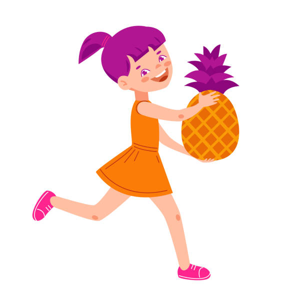 kleines mädchen mit ananas. vektor-illustration im flachen cartoon-stil. isoliert auf weißem hintergrund. - facial expression isolated lifestyles exoticism stock-grafiken, -clipart, -cartoons und -symbole