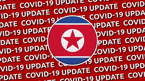 North KoreaCircle Flag and Covid-19 Update Titles - 3D Illustration fabric texture