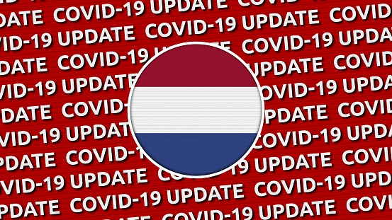 Netherlands Circle Flag and Covid-19 Update Titles - 3D Illustration fabric texture