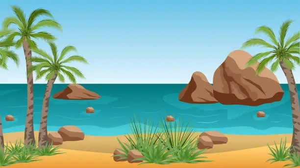 Vector illustration of Palm beach landscape for scene background with tropical palms, rocks and sea