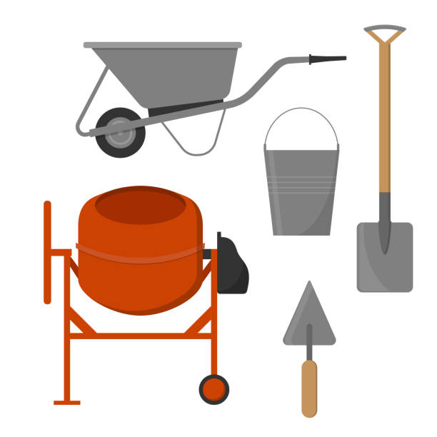 Set of construction tools Concrete mixer, wheelbarrow, bucket and spade. Vector illustration mixing cement stock illustrations