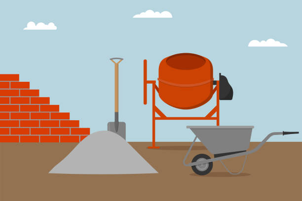 Construction tools and materials Brick wall, concrete mixer, wheelbarrow, bucket and spade. Vector illustration mixing cement stock illustrations