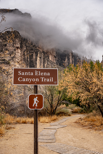 Santa Elena Canyon Trail Sign Medium with fog over the canyon