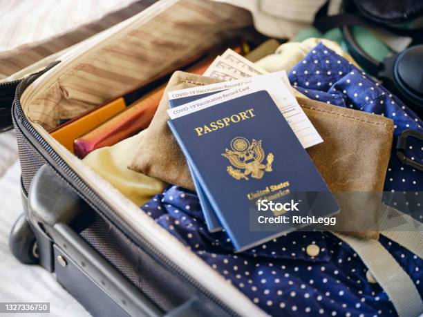Suitcase And Passport Stock Photo - Download Image Now - Passport, USA, Travel