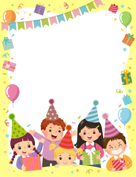 ilustrações de stock, clip art, desenhos animados e ícones de template is ready for invitation for birthday party card with group of kids holding gift boxes. - backgrounds party birthday announcement message