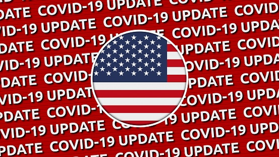 United States of America Circle Flag and Covid-19 Update Titles - 3D Illustration fabric texture