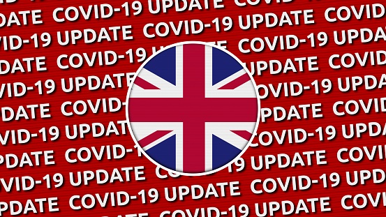 United Kingdom Circle Flag and Covid-19 Update Titles - 3D Illustration fabric texture