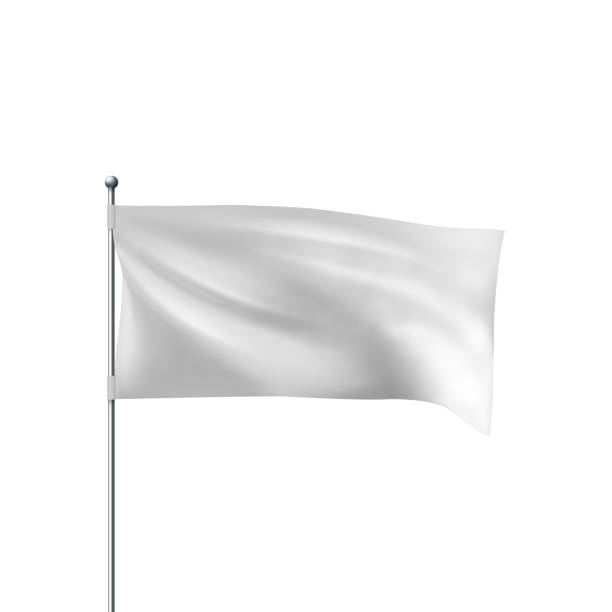 White flag waving in the wind. Realistic 3D horizontal vector flag White flag waving in the wind. Realistic 3D horizontal vector flag template for advertising and design. flagpole stock illustrations